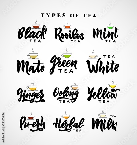 Set different types of name of tea. Hand calligraphy lettering. Vector illustration.