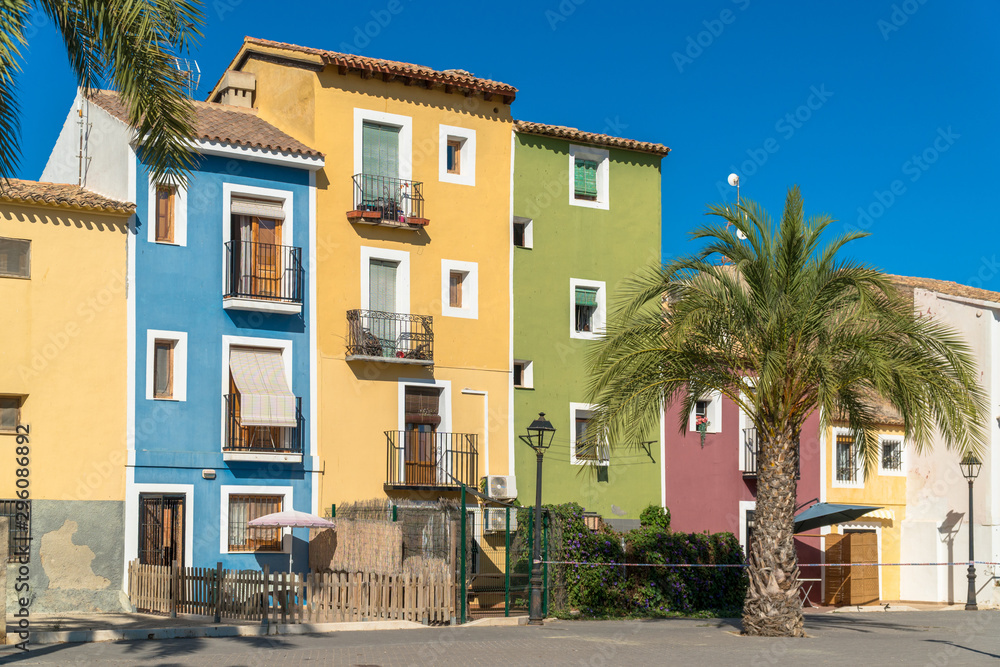 Villajoyosa, Comunitat Valenciana / Spain - July 29th, 2019: Colorful houses in the old town center