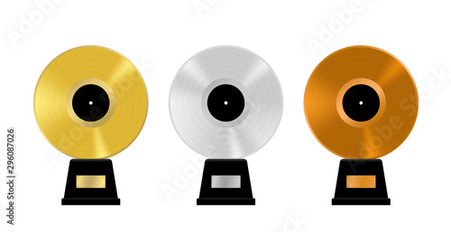 Music awards set. Golden, silver bronze and platinum vinyl records. Old vintage music vector illustration.