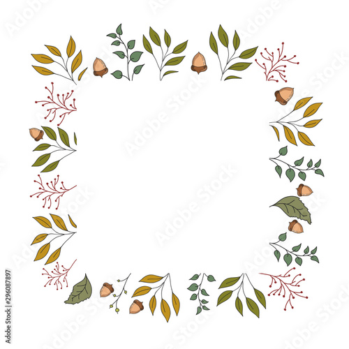 Autumn frame with leaves, acorns and plants. Vector color illustration. Postcard template