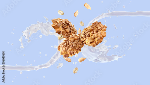 Fresh milk, yogurt 3D splash with healthy cereals oat cookies with whole raw pumpkin, sunflower grains seed, nuts. Breakfast cookie with milk, cream, yogurt, granola cookie. Milky splash ads design