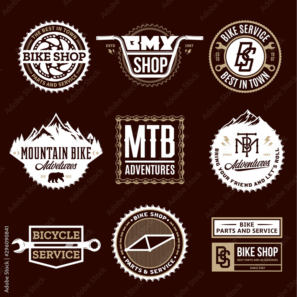 Set of vector bike shop, bicycle service, mountain biking clubs and adventures logo, badges and icons isolated on a brown background