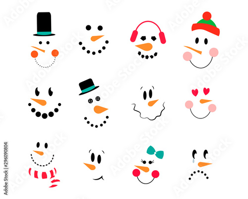 Vector Collection of Cute Snowman Faces. Vector snowman set. Funny cartoon faces with emotions and hats, heart, scarf,bow. Snowman emoticons.