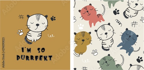 set of cute cat print and seamless pattern with cats. vector illustration