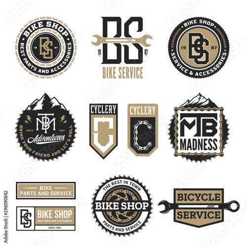 Set of vector bike shop, bicycle service, mountain biking clubs and adventures logo, badges and icons isolated on a white background photo
