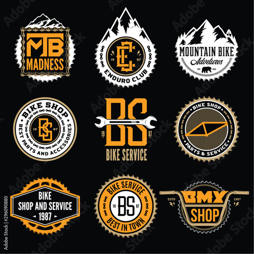 Set of vector bike shop, bicycle service, mountain biking clubs and adventures logo, badges and icons isolated on a black background