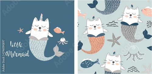 set of cute cat mermaid print and seamless pattern with cat mermaids. vector