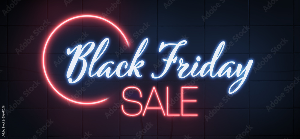 Black Friday Sale. Black Friday Neon sign on grunge tile wall background. Glowing blue and red neon text for advertising and promotion.