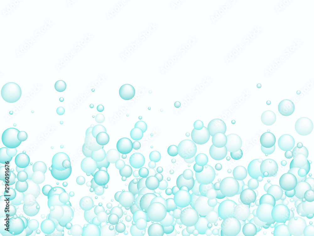 Blue soap foam bubbles vector concept, abstract shampoo soapy effect background.