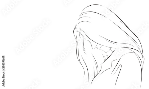 Sad girl. unhappy alone vector illustration isolated cartoon hand drawn line art