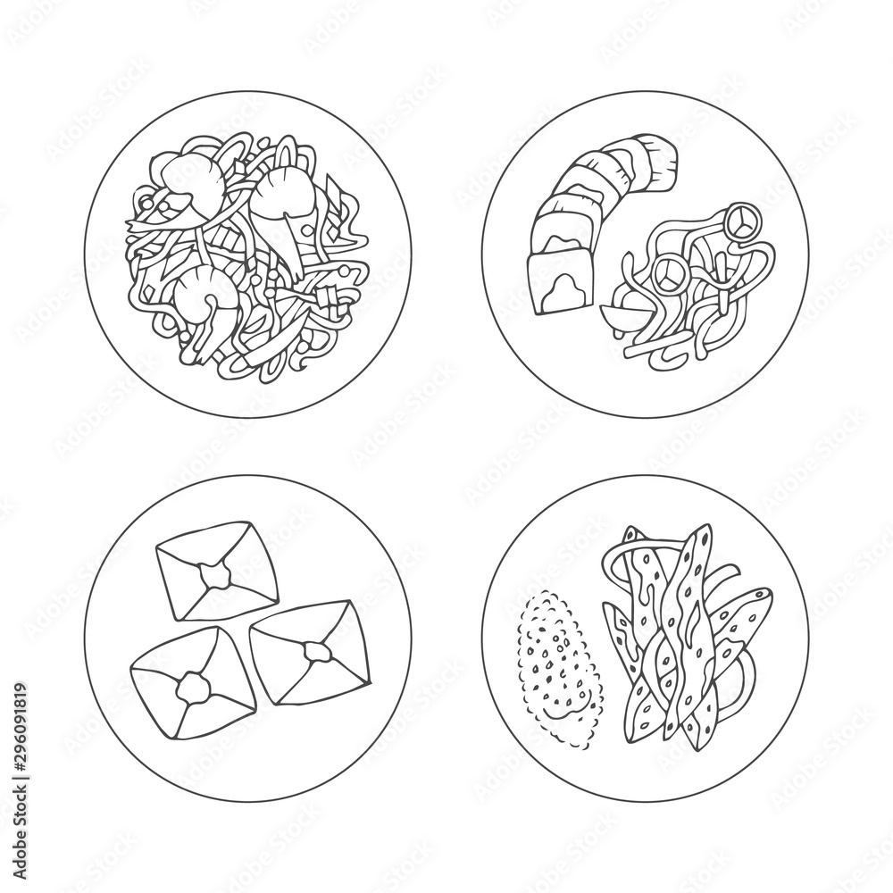 Asian menu. Hand drawn vector food on the plate. Sketch Asian dishes illustration. Top view.