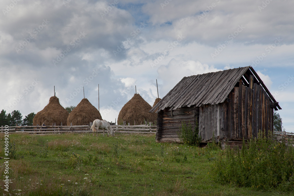 Horses and foal on the background of a mountain village in Bashkortostan. Horses and foal on the background of a mountain village in Bashkortostan.