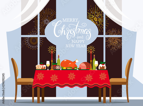 Traditional Christmas table with turkey, pudding, baked meat and desserts. Hand calligraphy lettering. card Christmas room interior and house design.