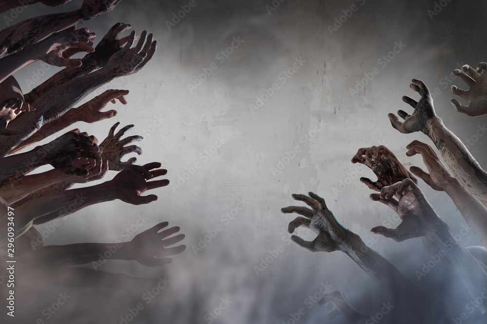  crowd of stretched zombie hands halloween theme, render 3D - obrazy, fototapety, plakaty 