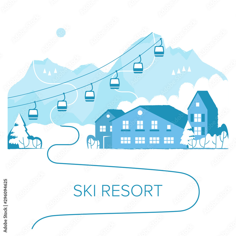 Ski resort vacation with ski lift. Winter outdoor holiday activity sport in alps, landscape with mountain view and forest. Alpine village chalet. Flat style