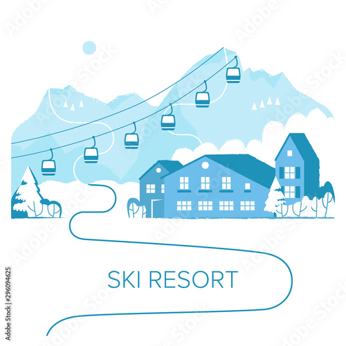 Ski resort vacation with ski lift. Winter outdoor holiday activity sport in alps, landscape with mountain view and forest. Alpine village chalet. Flat style