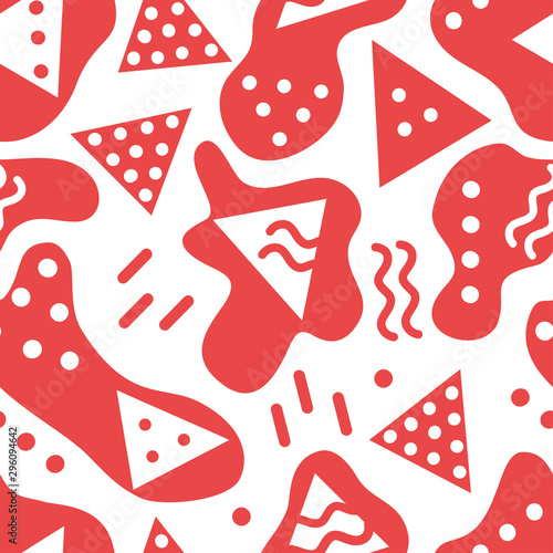 Simple abstract seamless pattern with triangles, dots, waves and stripes. Festive Christmas theme in red.