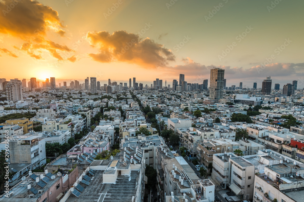 Sunrising of aerial view of Tel Aviv City with modern skylines in the morning in Israel.