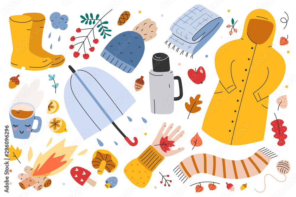 Autumn collection, big set of hand drawn illustrations of fall symbols, vector clip arts. Leaves, bonfire, umbrella, clothes and outfit of rainy weather, seasonal outdoors activities. sticker pack.