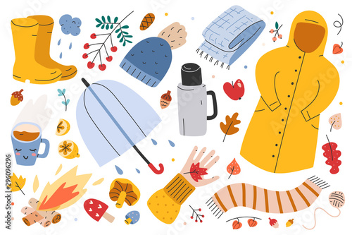 Autumn collection, big set of hand drawn illustrations of fall symbols, vector clip arts. Leaves, bonfire, umbrella, clothes and outfit of rainy weather, seasonal outdoors activities. sticker pack.