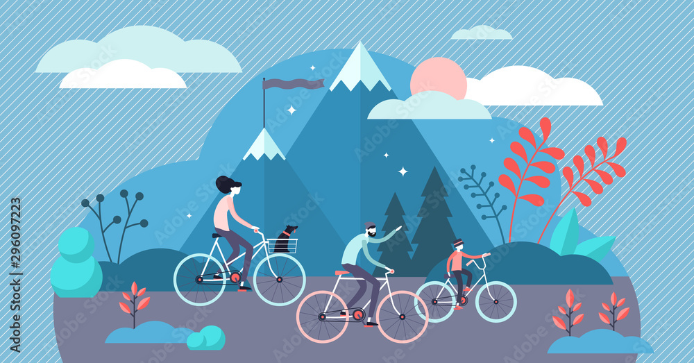 Fototapeta Daily life bike ride vector illustration. Tiny transport persons concept.