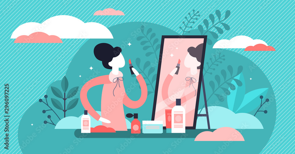 Daily beauty life vector illustration. Tiny woman makeup persons concept.