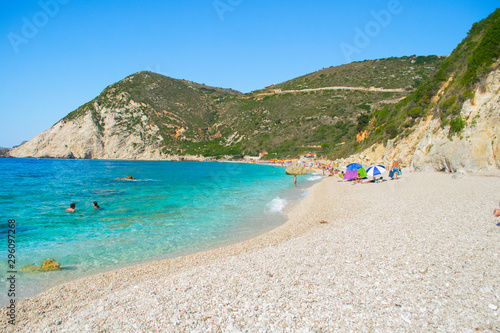 Beautiful turquoise crystal clear waters in Petani beach in Kefalonia, Greece