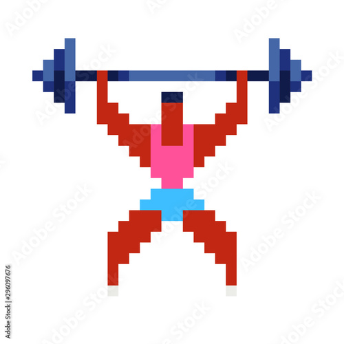 Athlete pixel art icon, man holds barbell isolated vector illustration, design for logo, sticker, mobile app. Game assets 8-bit sprite.