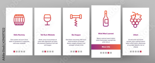 Wine Product Onboarding Mobile App Page Screen Vector Icons Set Thin Line. Wine Bottle And Glasses  Barrel And Card  Cheese And Grape Concept Linear Pictograms. Vineyard Color Contour Illustrations