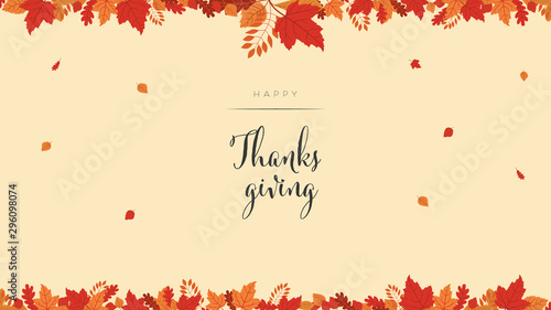 Happy thanksgiving card or background vector banner with colorful autumn leaves, foliage in red, orange and yellow colors.
