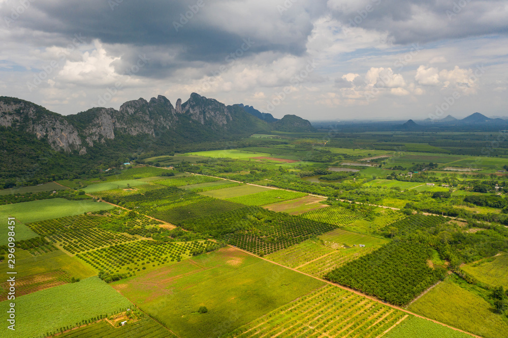Aerial view. High mountain views and the verdant farmland of the countryside In Sa Kaeo, Thailand
