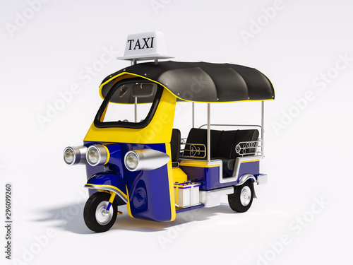 Tuk-Tuk Motor-tricycle, Tuktuk car, Tri motor cycle, Motorbike taxi 3d rendering. 3D illustration Thai vehicle Tuk Tuk in Bangkok of Thailand traditional on white background, clipping path included.