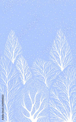 Winter landscape with white tree trunks, falling snow on a light blue sky background.