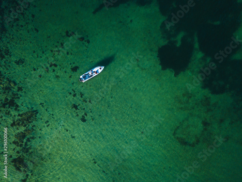 Aerial view of tropical beach holiday yacht in Galicia