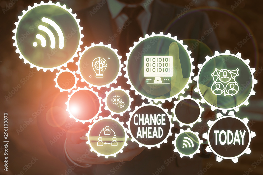 Text sign showing Change Ahead. Business photo text to replace with or exchange for another Become different Male human wear formal work suit presenting presentation using smart device Text sign showing Change Ahead. Business photo text to replace with or exchange for another Become different Male human wear formal work suit presenting presentation using smart device
