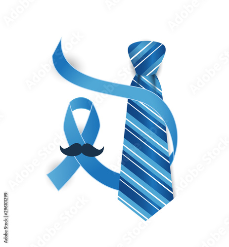 Blue Ribbon with mustache and necktie. Prostate cancer awareness month vector illustration.