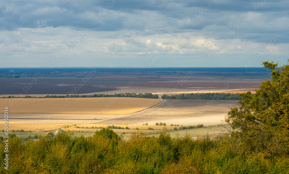  panorama of beautiful boundless colored fields in autumn