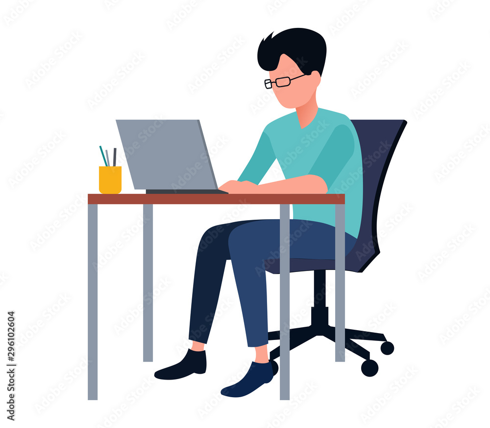 Man sitting in a chair at a desk and looking at computer monitor. Office working place laptop. Workspace in the office. Vector illustration in flat style isolated on white background.