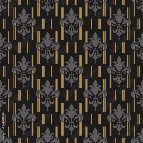 Dark Wallpaper background. Grey and gold vintage design elements on a black background. Great for graphic design: greeting card, wrapping paper, posters. The exquisite design of the fabric. Vector art