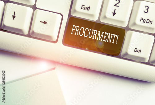 Word writing text Procurment. Business photo showcasing action of acquiring military equipment and supplies White pc keyboard with empty note paper above white background key copy space photo