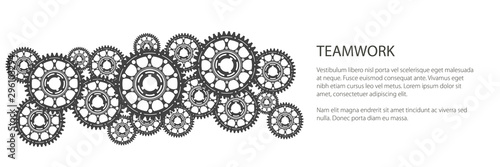 Banner of gear wheels or cogs, technology and industry, teamwork concept, black and white vector illustration
