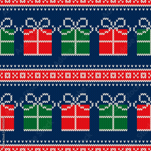 Ugly Christmas Sweater Party Pattern Design. Gift Boxes Ornament. Winter Holiday Seamless Wool Knit Texture Background