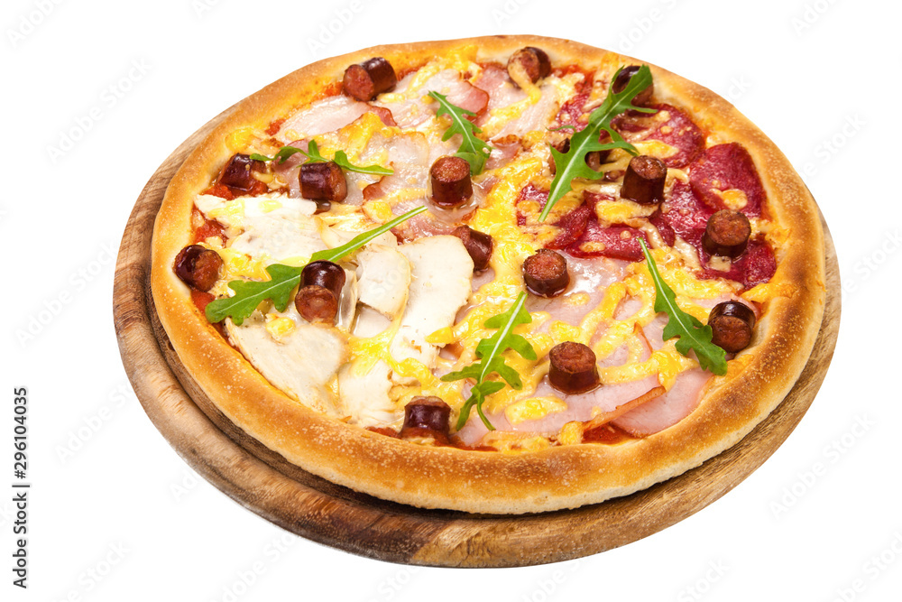 pizza on a wooden board, with meat, cheese and arugula. Isolated on white background pizza on a wooden board, with meat, cheese and arugula. Isolated on white background