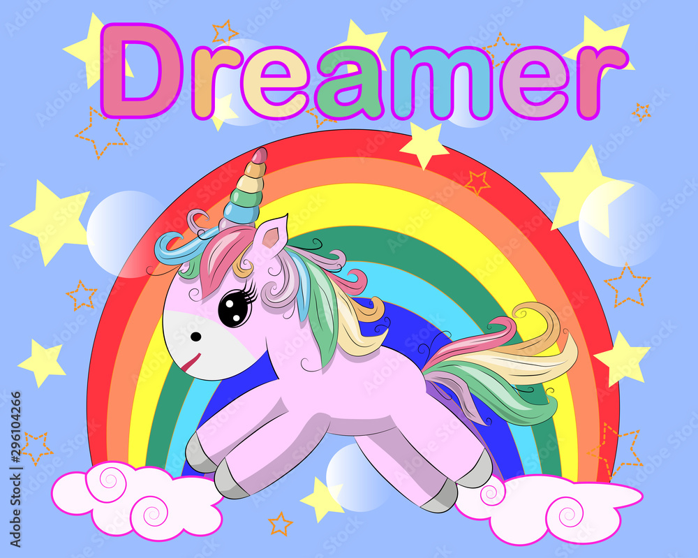 Unicorn illustration drawing with rainbow writing Dreamer. Unicorn's head cartoon, isolated on white background. Unicorn illustration drawing with rainbow writing Dreamer. Unicorn's head cartoon, isolated on white background.