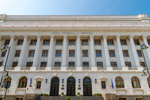 National Bank of Romania building in Bucharest  Romania. National Bank of Romania on a sunny summer day with a blue sky