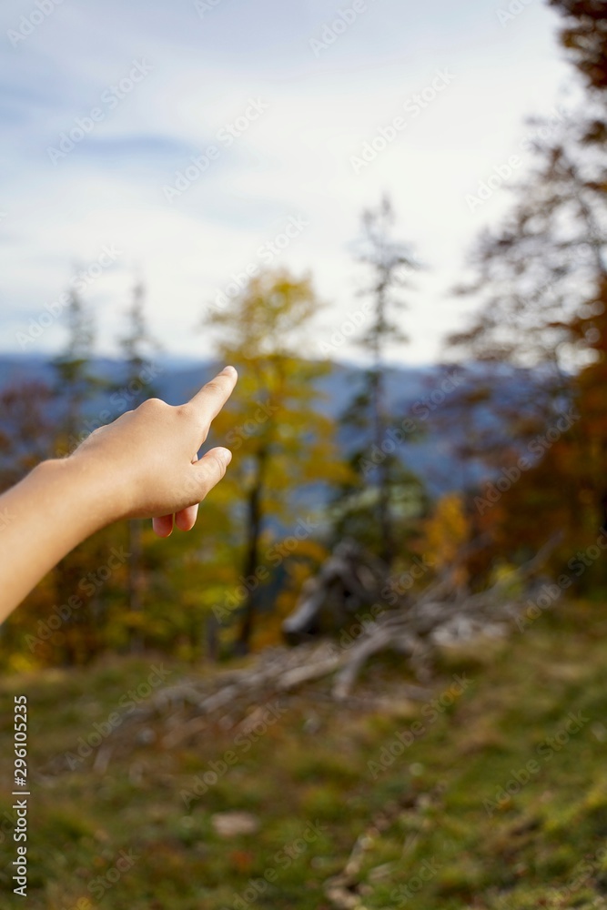 Frau zeigt in die Natur. Frau deutet in die Natur Frau zeigt in die Natur. Frau deutet in die Natur
