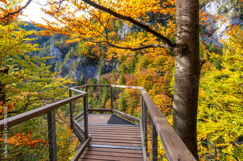 Landscape in autumn day. Lookout built over the gorge on hiking trail through Kvacianska valley, Slovakia, Europe.