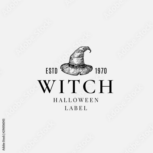 Premium Witch Halloween Logo or Label Template. Hand Drawn Hat Sketch Symbol with Classy Retro Typography.