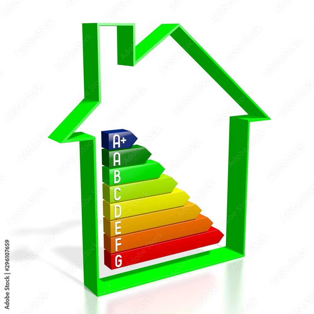 3D energy efficiency chart - house shape - A+, A, B, C, D, E, F, G 3D energy efficiency chart - house shape - A+, A, B, C, D, E, F, G
