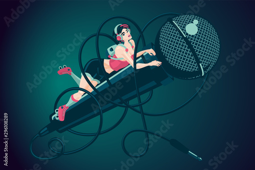 Girl with microphone. Music illustration with young woman. Cartoon vector illustration.
